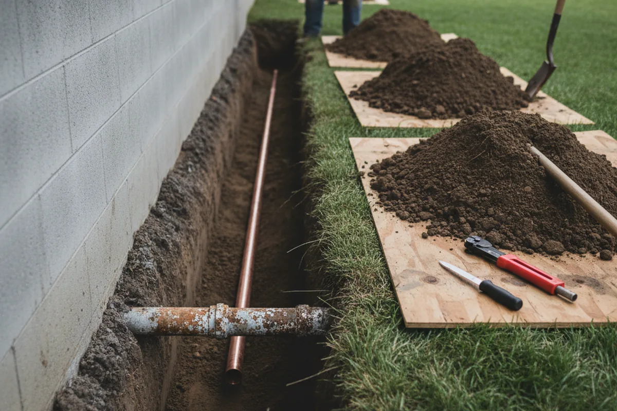 Excavated water line trench during Sewer Line Repair in Cushing